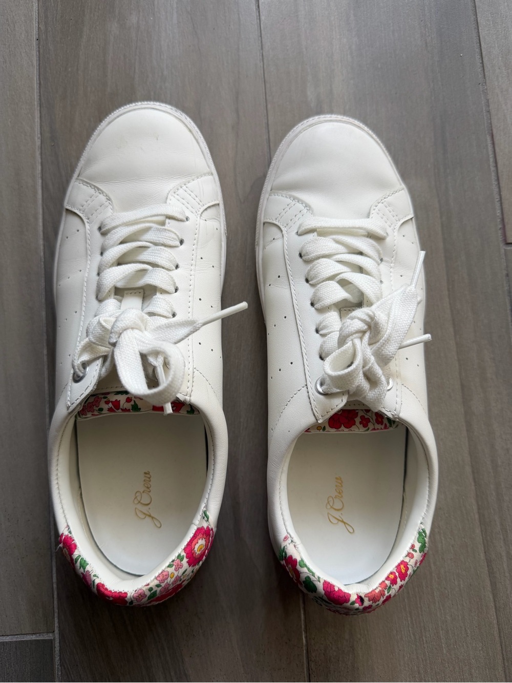 J. Crew White Leather Sneakers with Floral Heel Trim